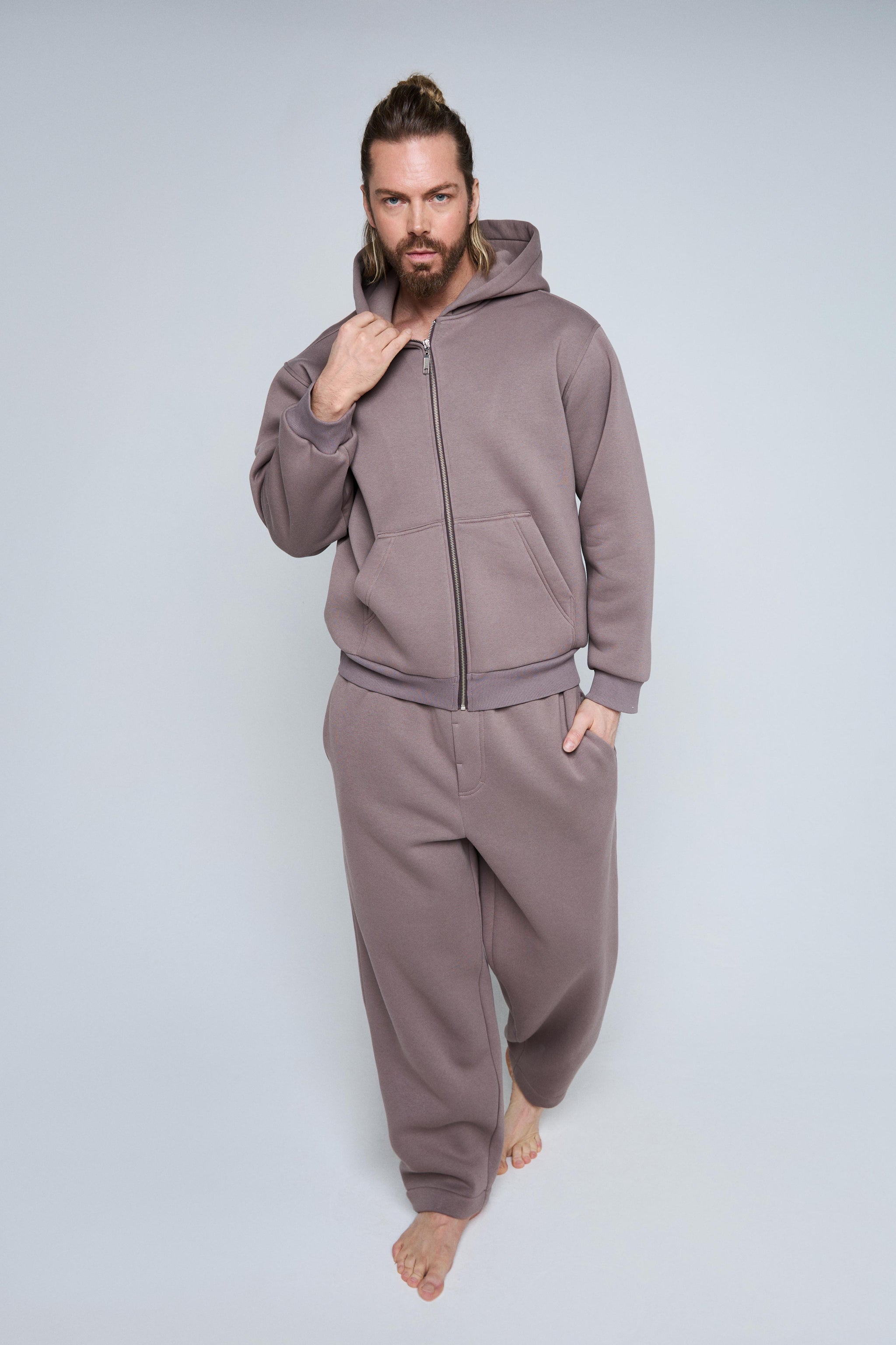 トップス +CLOTHET Micro Pile Hoodie& pants Zip up hoodie and loose fit pants – pudrinė